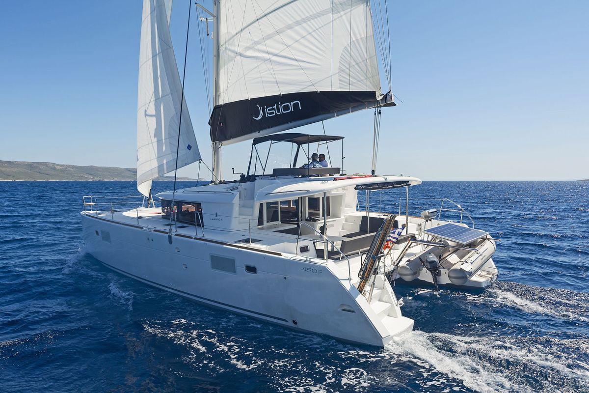 Exterior view of Thetis, a Lagoon 450 Fly catamaran at Municipal Unit of Rhodes, Greece