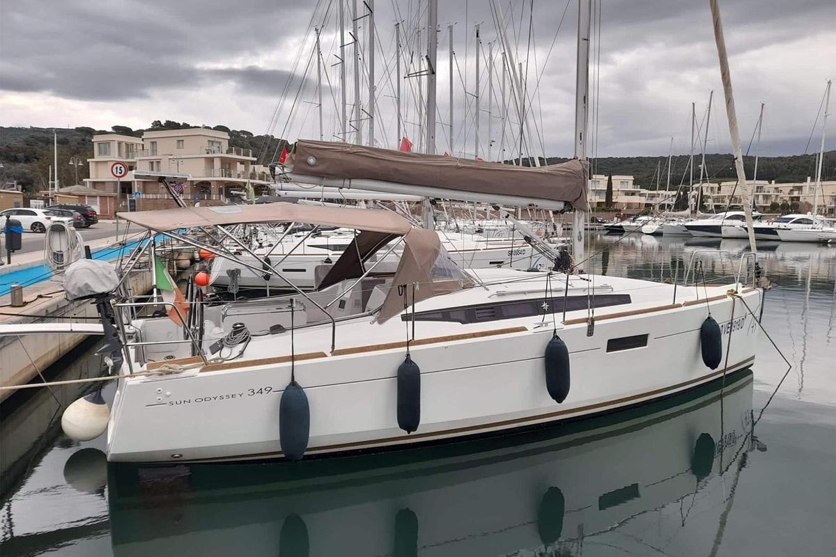 Exterior view of Anatema, a Jeanneau Sun Odyssey 349 sailboat at Piombino, Italy