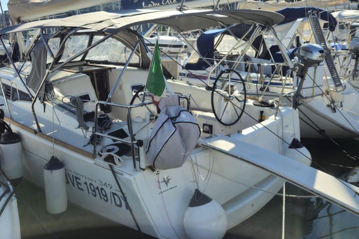 Exterior view of Anatema, a Jeanneau Sun Odyssey 349 sailboat at Piombino, Italy