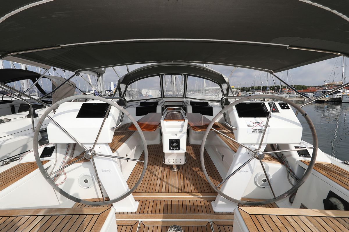 Cockpit of Susso, a Hanse Yachts Hanse 455 sailboat at Grad Biograd na Moru, Croatia