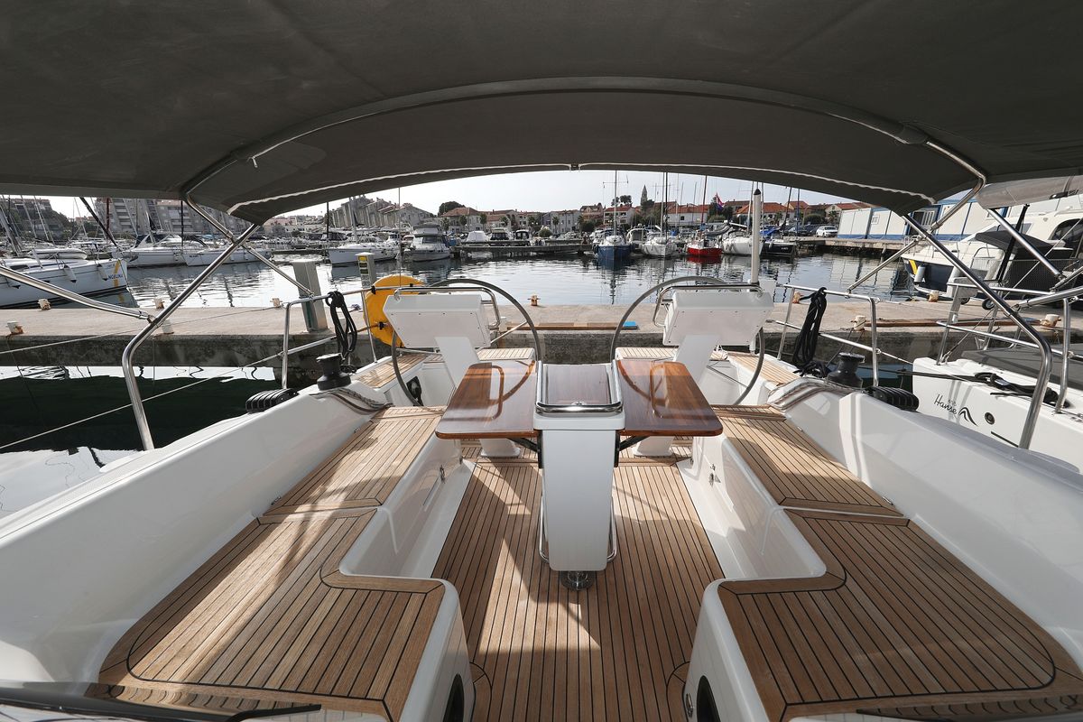 Cockpit of Susso, a Hanse Yachts Hanse 455 sailboat at Grad Biograd na Moru, Croatia
