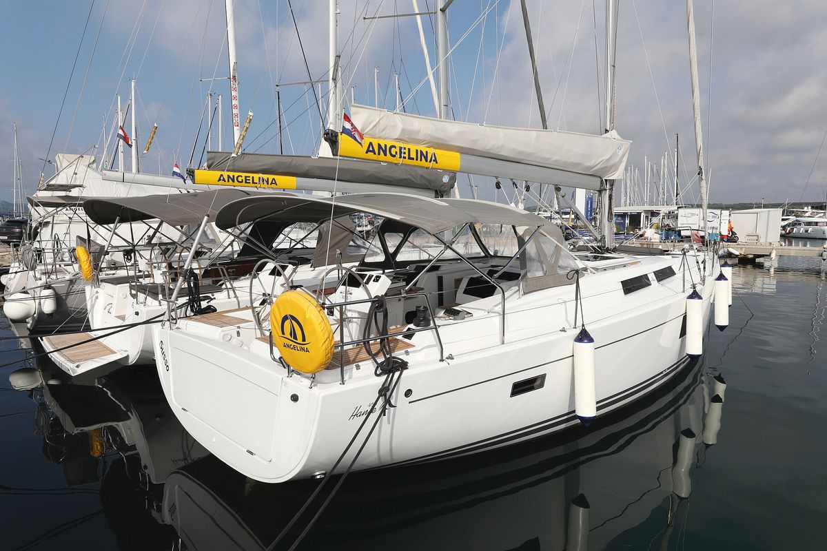 Exterior view of Susso, a Hanse Yachts Hanse 455 sailboat at Grad Biograd na Moru, Croatia