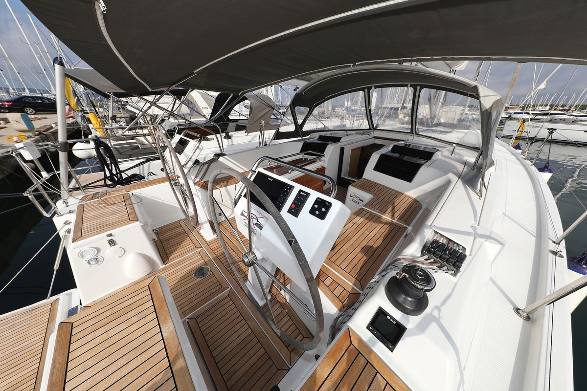 Cockpit of Susso, a Hanse Yachts Hanse 455 sailboat at Grad Biograd na Moru, Croatia