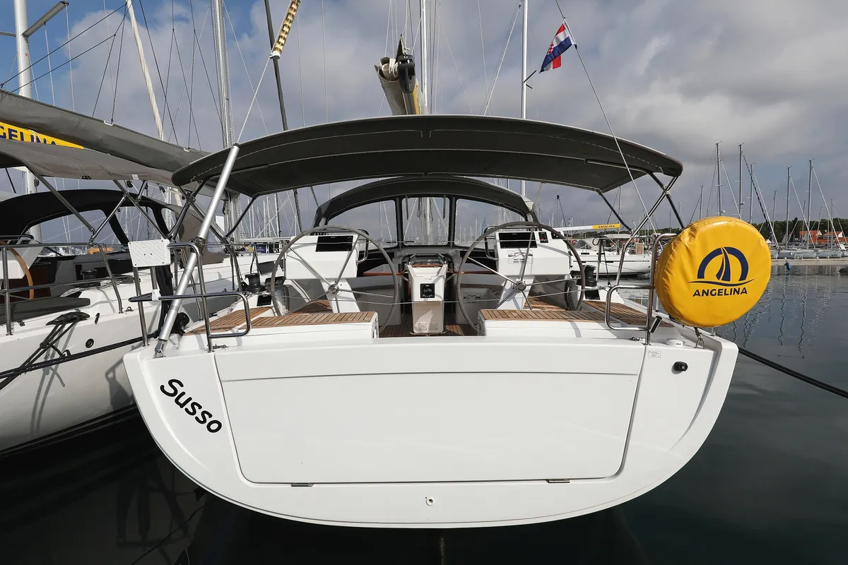Exterior view of Susso, a Hanse Yachts Hanse 455 sailboat at Grad Biograd na Moru, Croatia