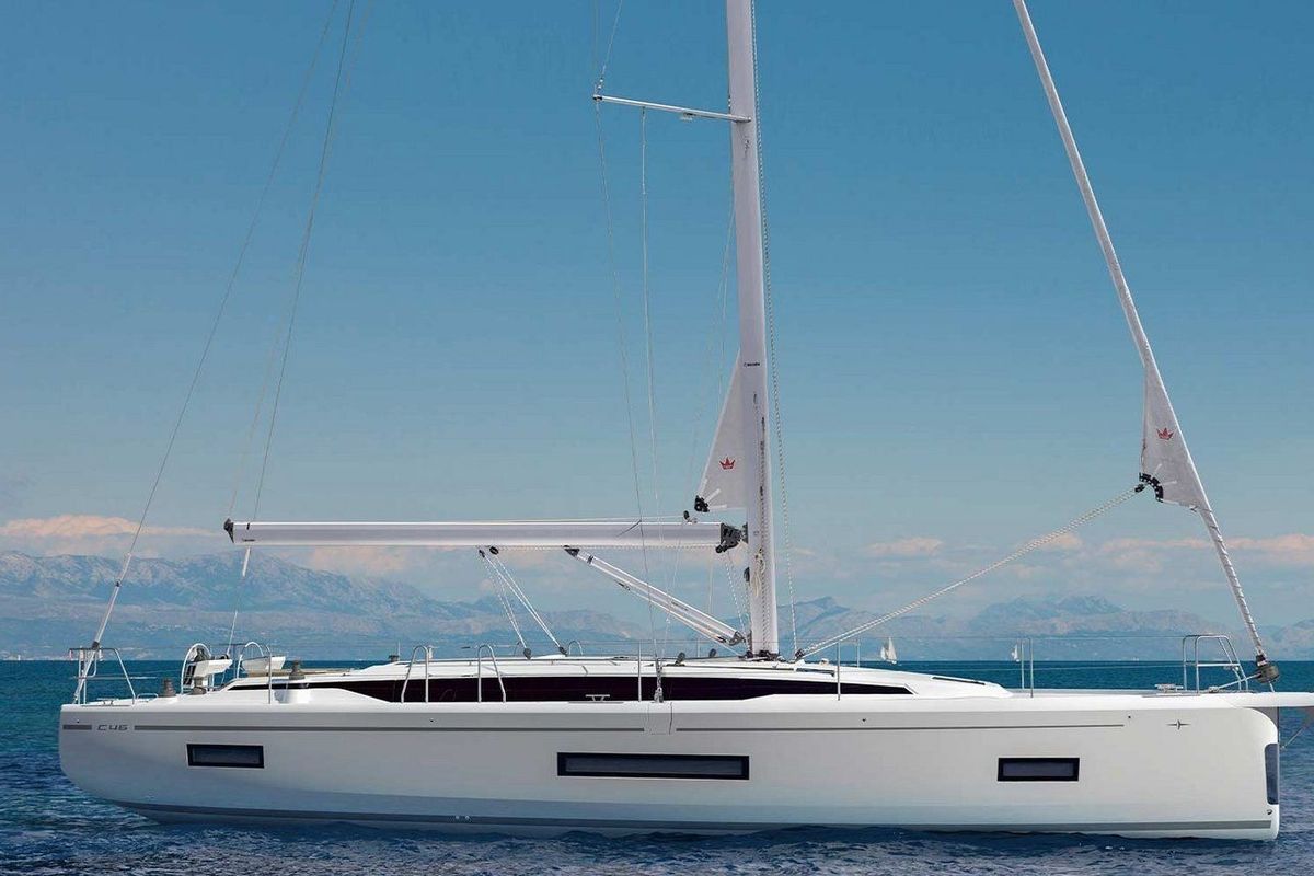 Exterior view of CJ, a Bavaria Cruiser 46 sailboat at Municipal Unit of Lefkada, Greece