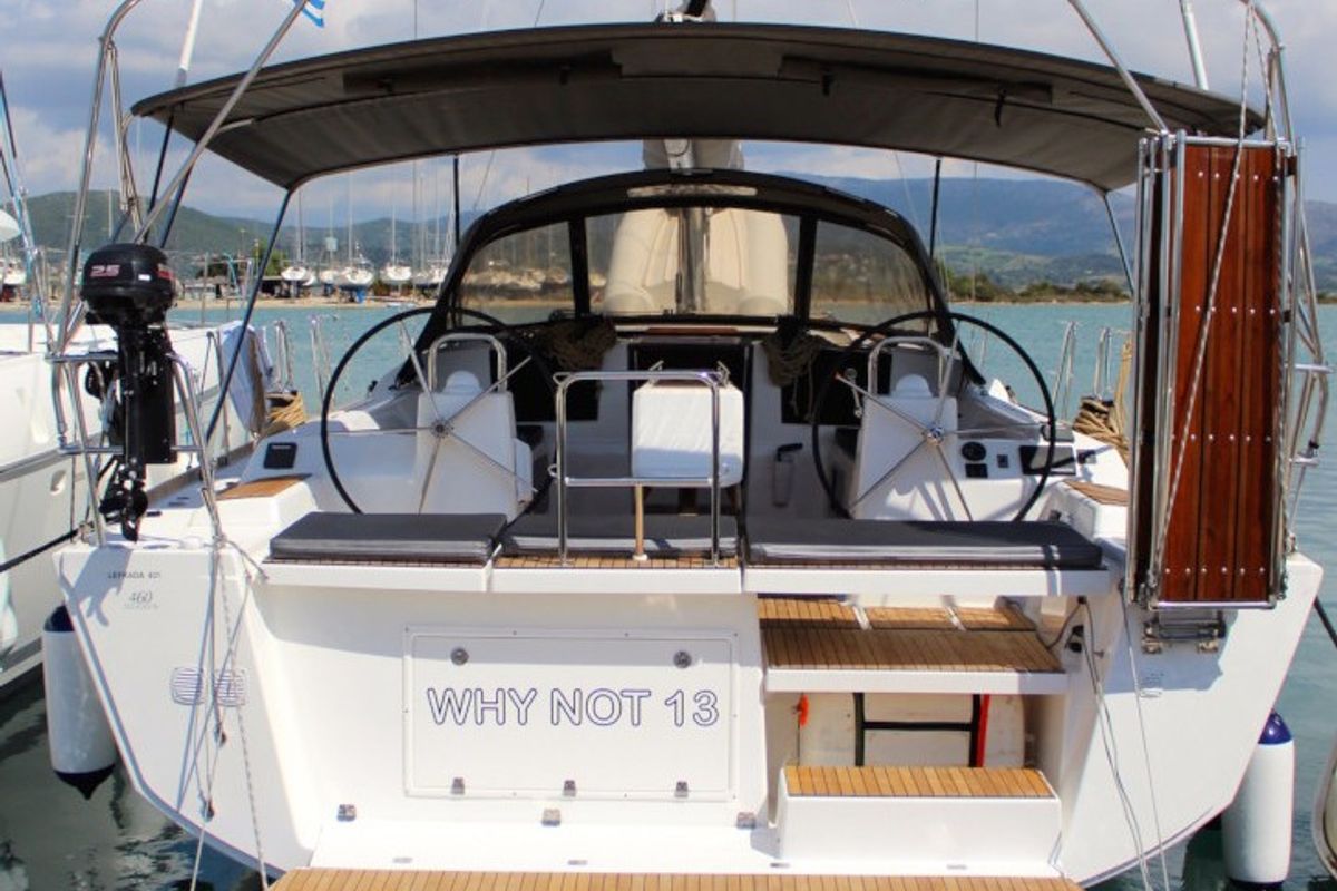 Exterior view of Why not 13, a Dufour 460 Grand Large sailboat at Municipal Unit of Lefkada, Greece