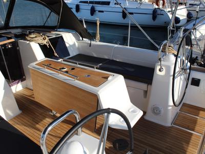 Cockpit of Why not 13, a Dufour 460 Grand Large sailboat at Municipal Unit of Lefkada, Greece
