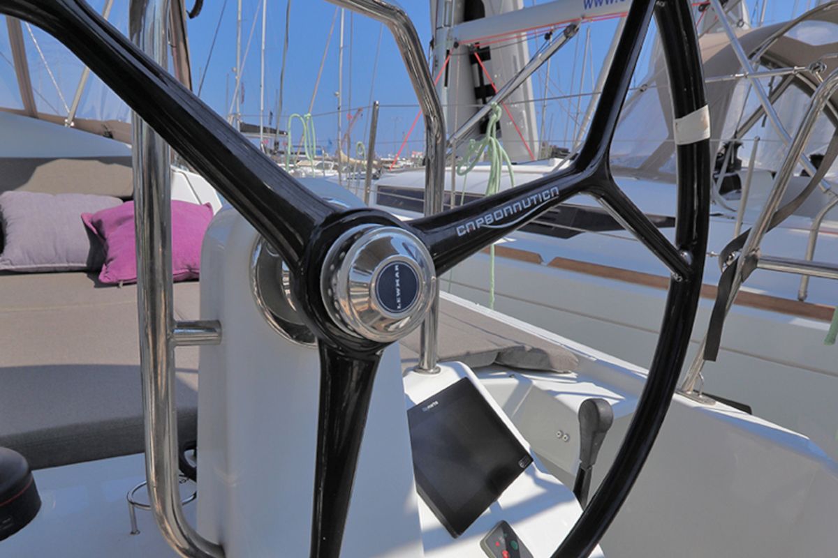 Cockpit of Ermis, a Jeanneau Sun Odyssey 440 sailboat at Lavreotiki Municipal Unit, Greece