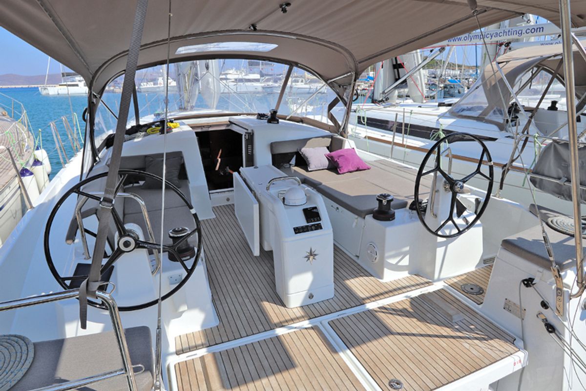 Cockpit of Ermis, a Jeanneau Sun Odyssey 440 sailboat at Lavreotiki Municipal Unit, Greece