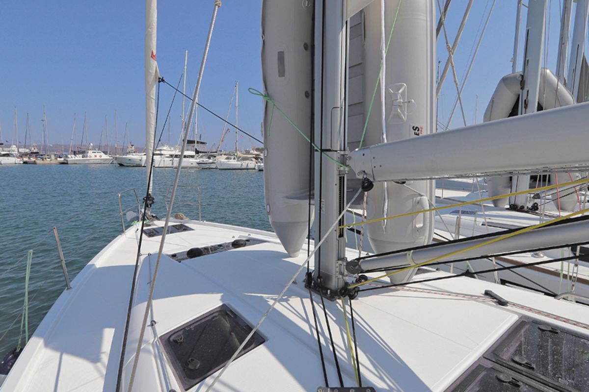 Deck of Ermis, a Jeanneau Sun Odyssey 440 sailboat at Lavreotiki Municipal Unit, Greece