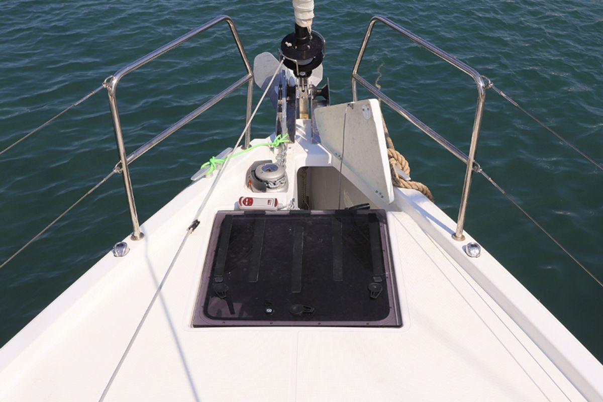 Deck of Ermis, a Jeanneau Sun Odyssey 440 sailboat at Lavreotiki Municipal Unit, Greece