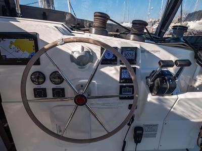 Cockpit of Artemis, a Fountaine Pajot Isla 40 catamaran at Municipal Unit of Lefkada, Greece