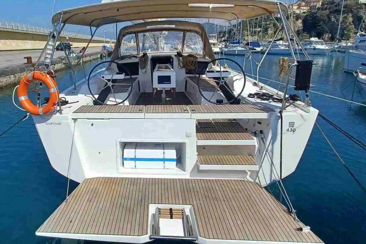 Deck of Sanluis Blues, a Dufour 430 sailboat at Rodi Garganico, Italy