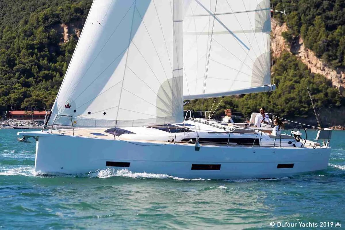 Exterior view of Sanluis Blues, a Dufour 430 sailboat at Rodi Garganico, Italy