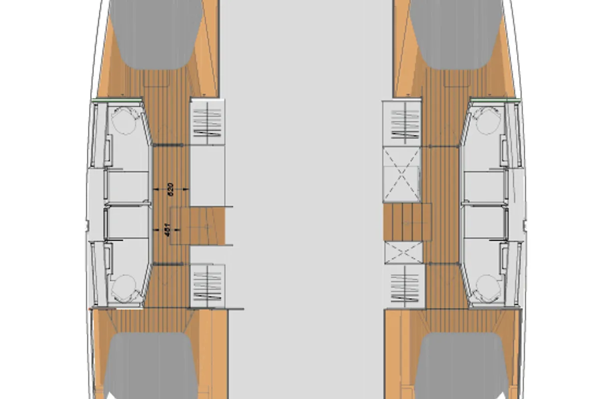 Floor plan of Pretty Penny, a Fountaine Pajot Elba 45 catamaran at Road Town, British Virgin Islands