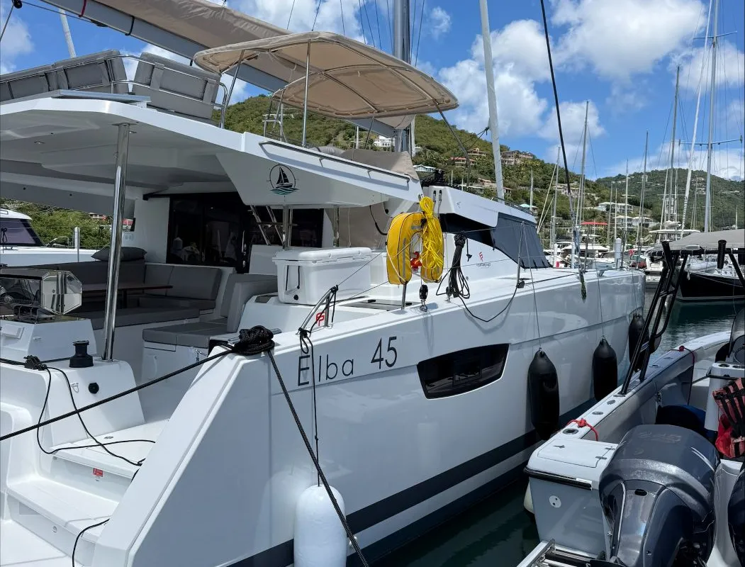 Pretty Penny, a Fountaine Pajot Elba 45 catamaran at Road Town, British Virgin Islands
