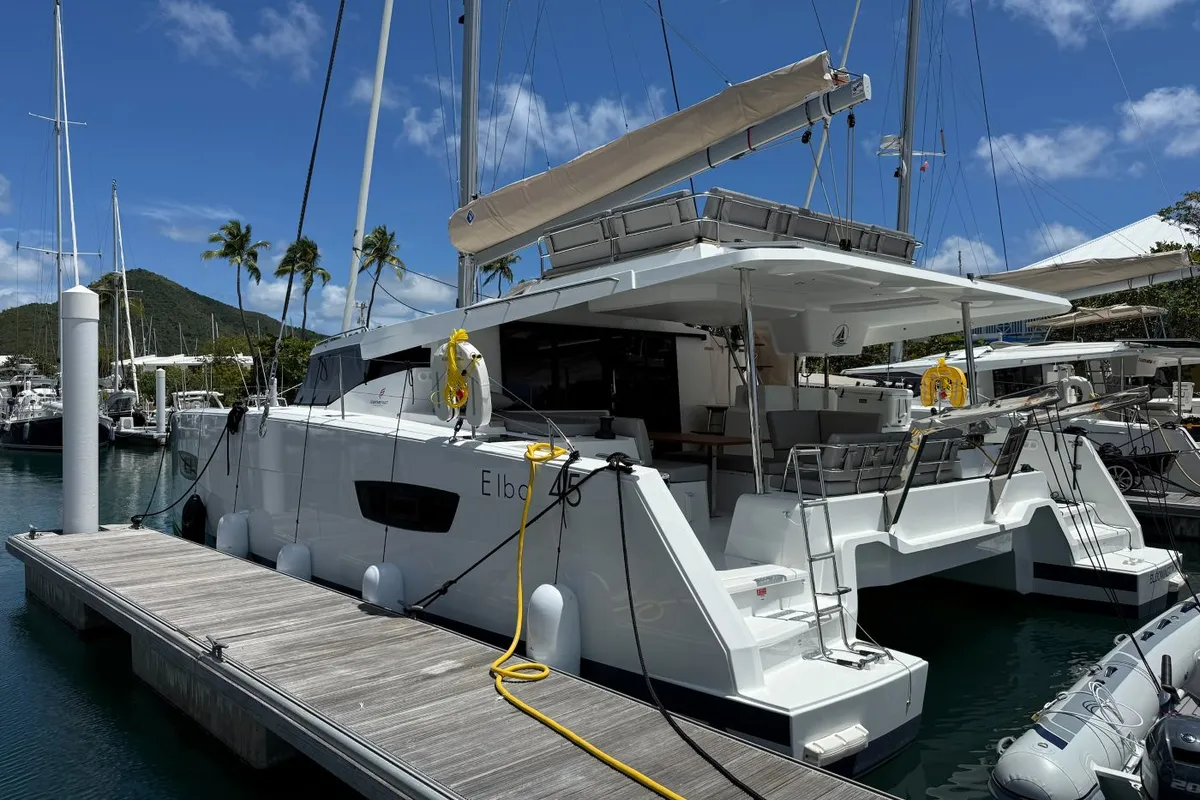 Pretty Penny, a Fountaine Pajot Elba 45 catamaran at Road Town, British Virgin Islands