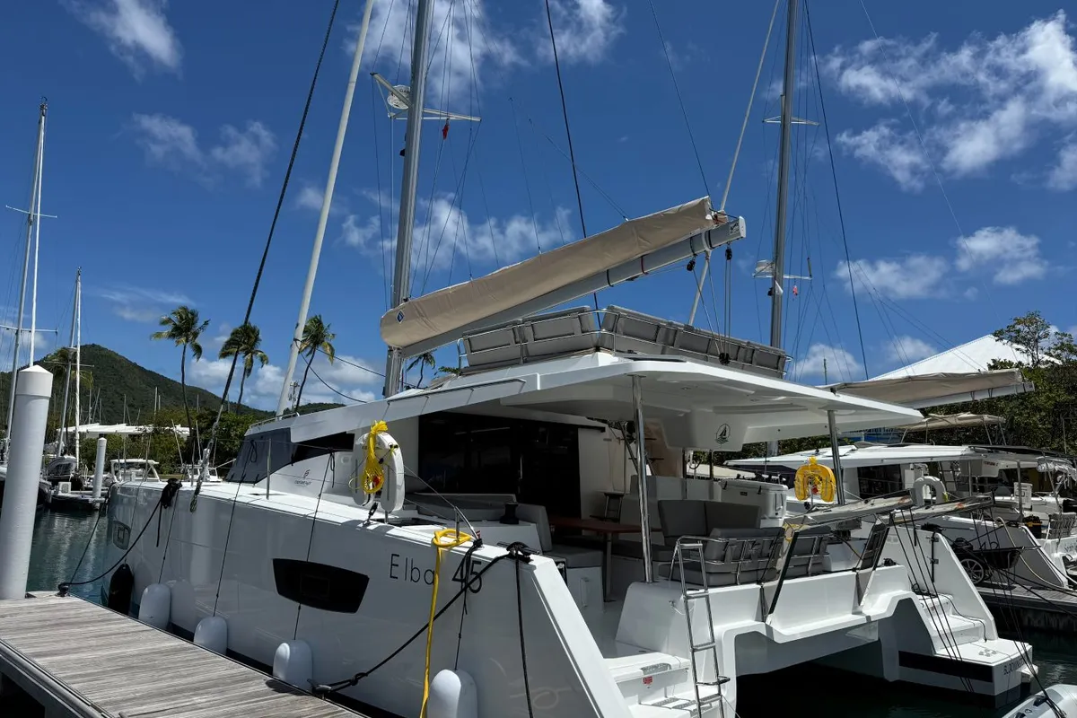 Pretty Penny, a Fountaine Pajot Elba 45 catamaran at Road Town, British Virgin Islands