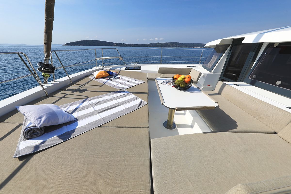 Deck of Clair de Lune, a Bali 4.2 catamaran at Grad Kaštela, Croatia