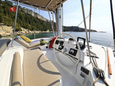 Cockpit of Clair de Lune, a Bali 4.2 catamaran at Grad Kaštela, Croatia