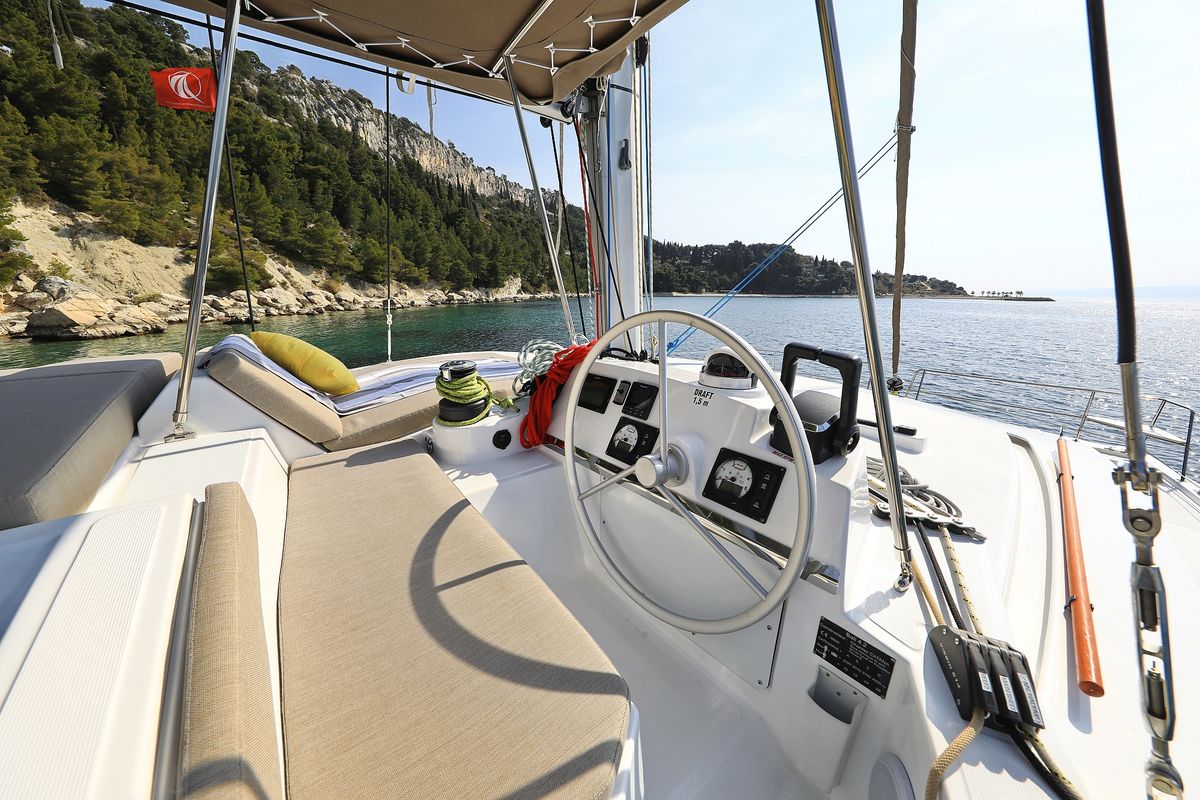Cockpit of Clair de Lune, a Bali 4.2 catamaran at Grad Kaštela, Croatia