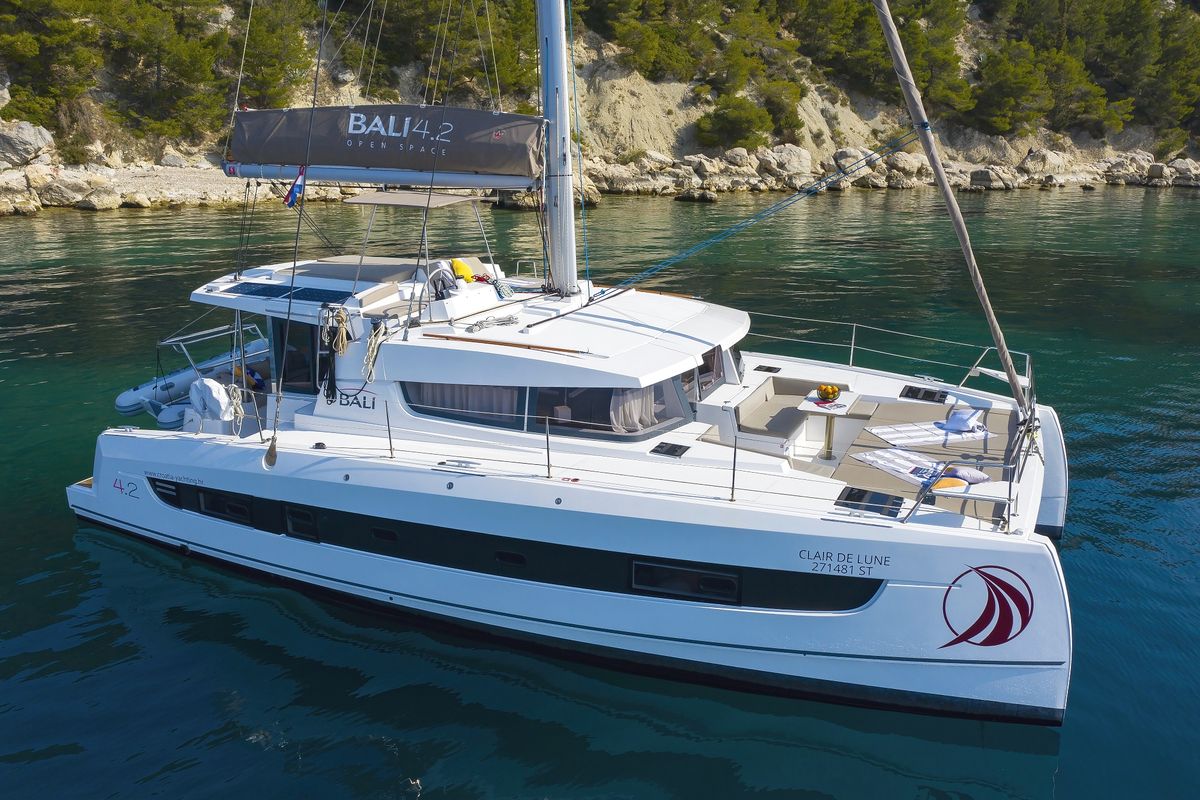 Exterior view of Clair de Lune, a Bali 4.2 catamaran at Grad Kaštela, Croatia