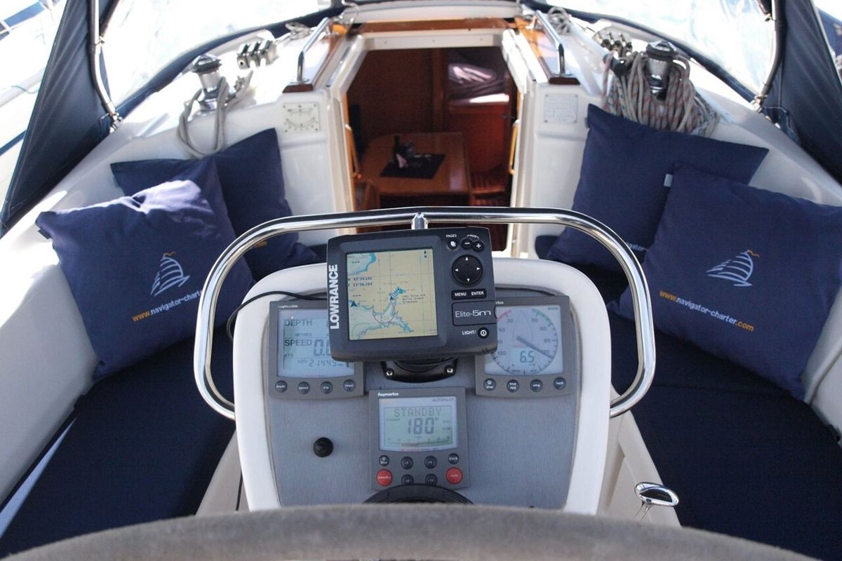 Cockpit of Sea Star, a Bavaria 32 sailboat at Primošten, Croatia