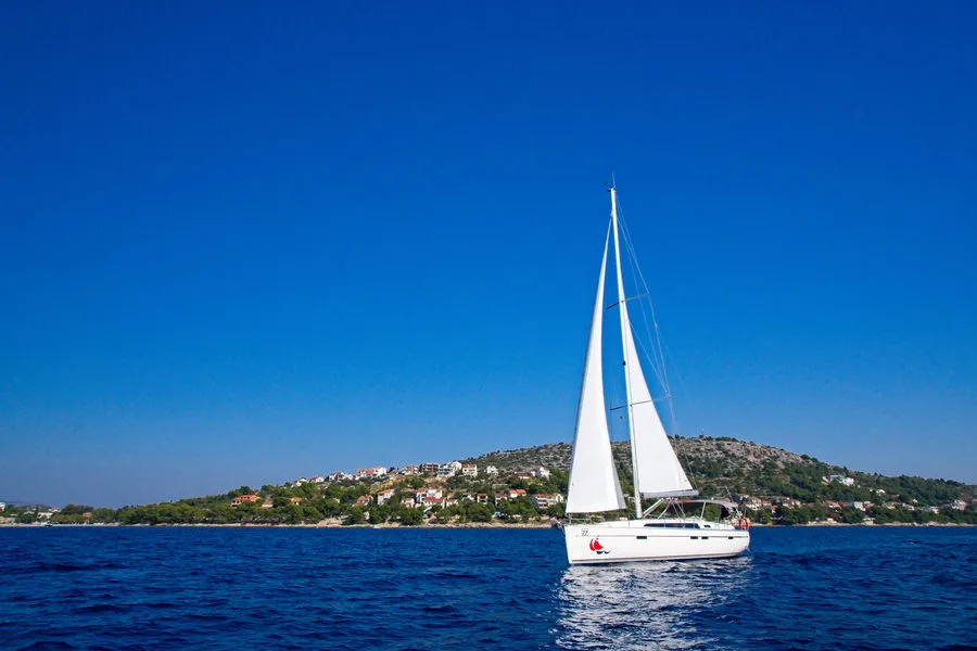 Exterior view of MH 80, a Bavaria Cruiser 46 sailboat at Murter, Croatia
