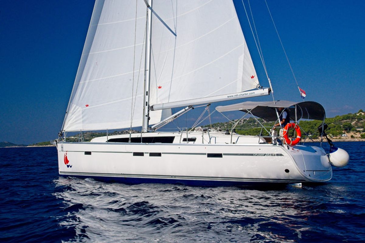 Exterior view of MH 80, a Bavaria Cruiser 46 sailboat at Murter, Croatia