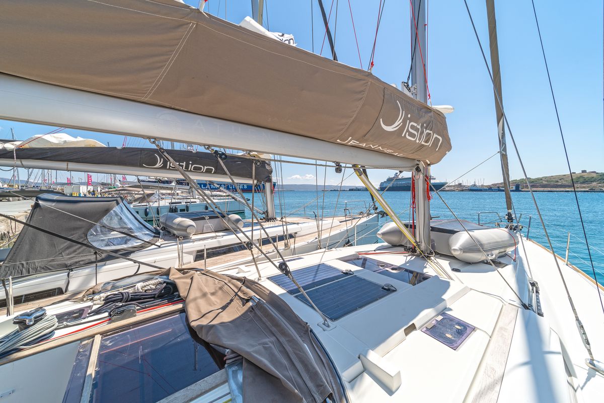 Deck of Aurelia, a Jeanneau Sun Odyssey 479 sailboat at Municipal Unit of Rhodes, Greece