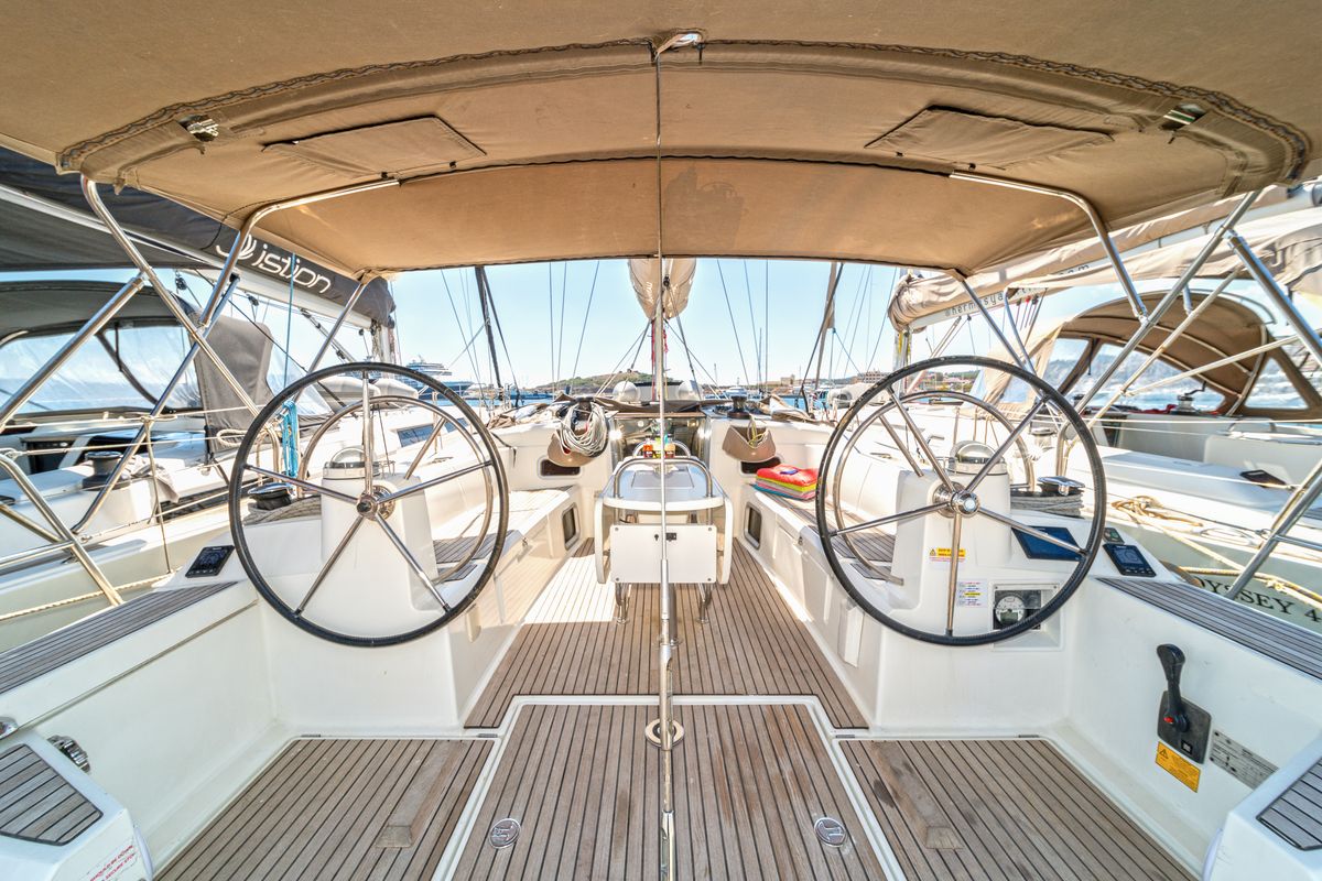 Cockpit of Aurelia, a Jeanneau Sun Odyssey 479 sailboat at Municipal Unit of Rhodes, Greece