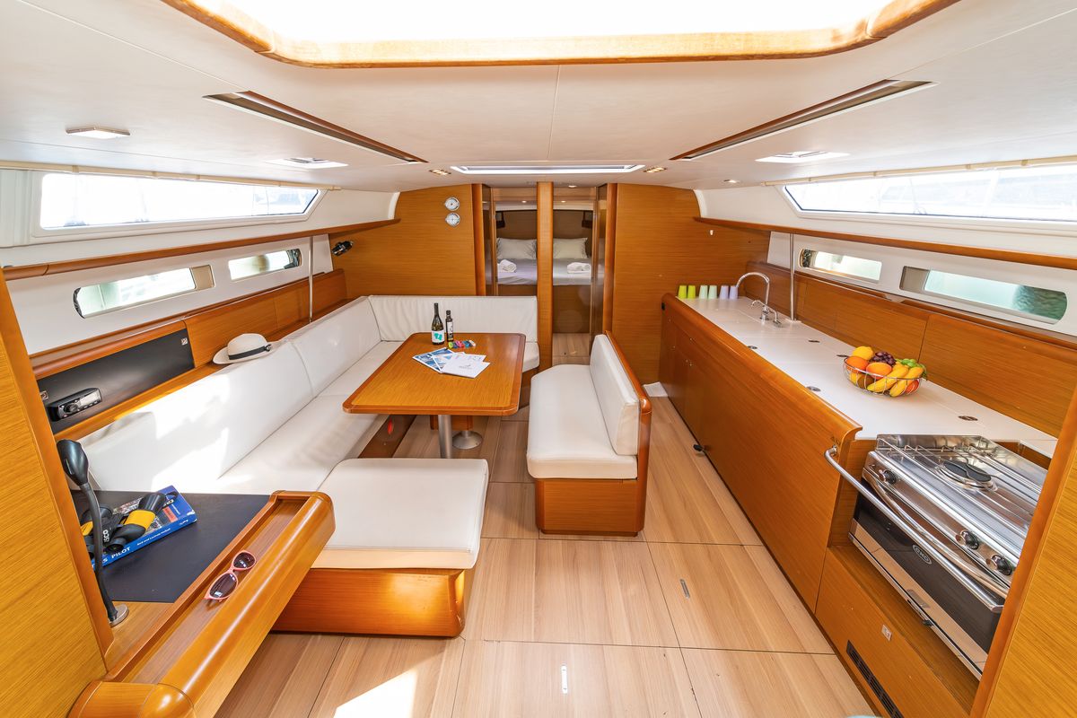 Salon of Aurelia, a Jeanneau Sun Odyssey 479 sailboat at Municipal Unit of Rhodes, Greece