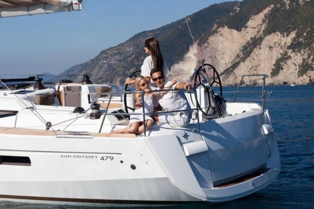 Exterior view of Aurelia, a Jeanneau Sun Odyssey 479 sailboat at Municipal Unit of Rhodes, Greece