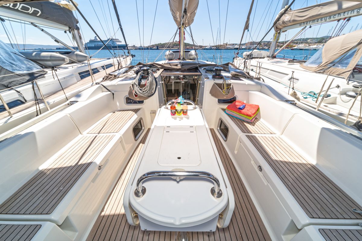 Deck of Aurelia, a Jeanneau Sun Odyssey 479 sailboat at Municipal Unit of Rhodes, Greece