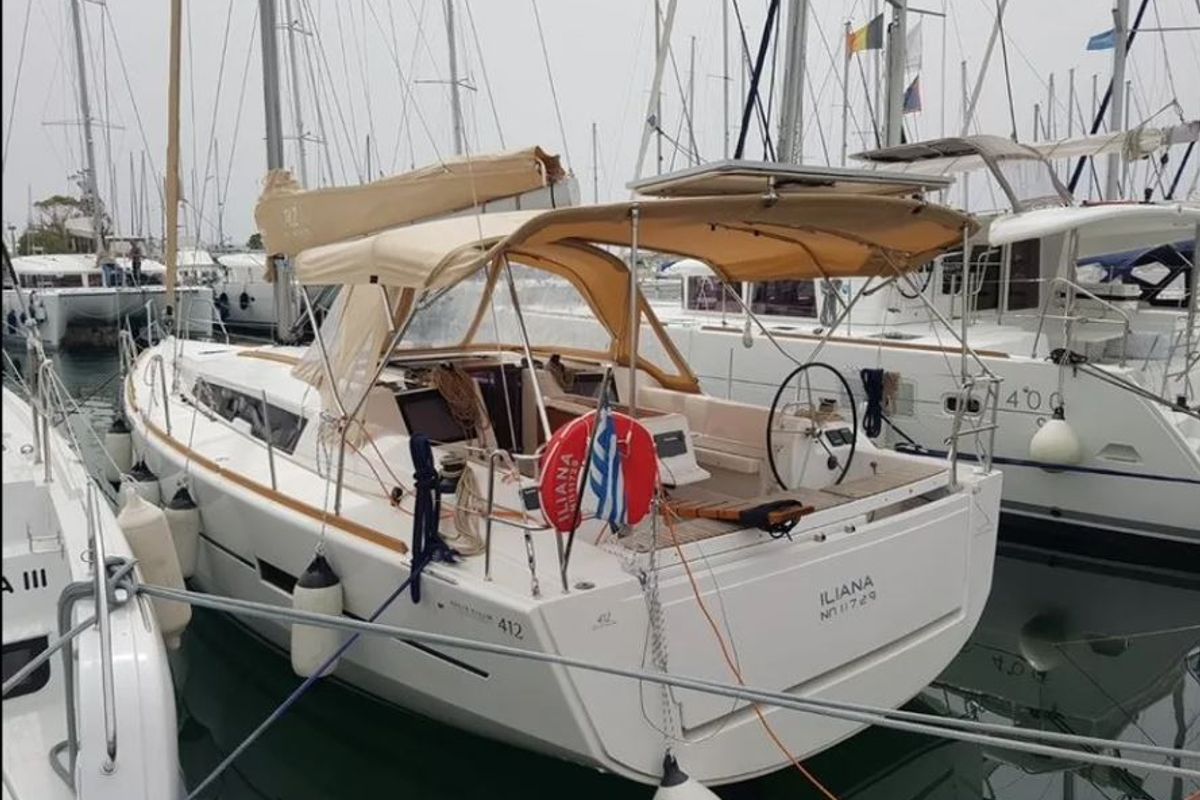 Exterior view of Iliana, a Dufour 412 GL sailboat at Kontokali, Greece