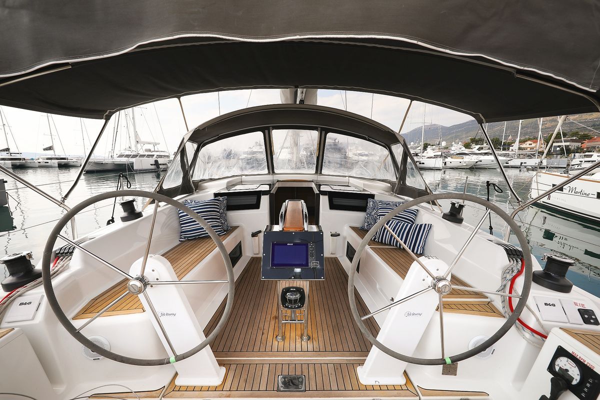 Cockpit of Blue Eagle, a Hanse Yachts Hanse 418 sailboat at Grad Kaštela, Croatia