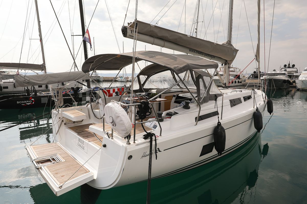 Exterior view of Blue Eagle, a Hanse Yachts Hanse 418 sailboat at Grad Kaštela, Croatia