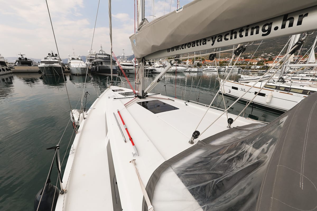 Deck of Blue Eagle, a Hanse Yachts Hanse 418 sailboat at Grad Kaštela, Croatia