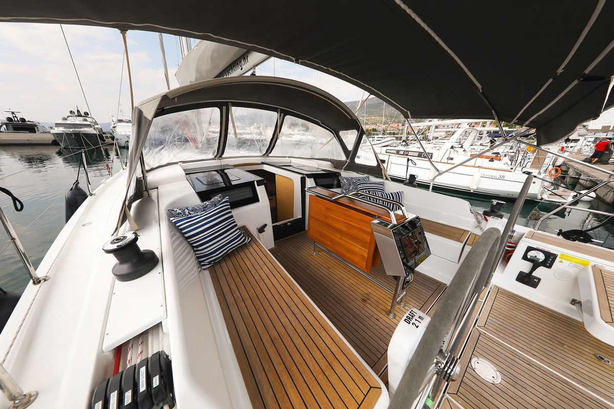 Deck of Blue Eagle, a Hanse Yachts Hanse 418 sailboat at Grad Kaštela, Croatia