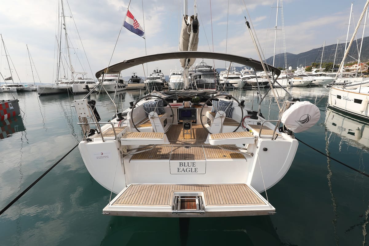 Exterior view of Blue Eagle, a Hanse Yachts Hanse 418 sailboat at Grad Kaštela, Croatia