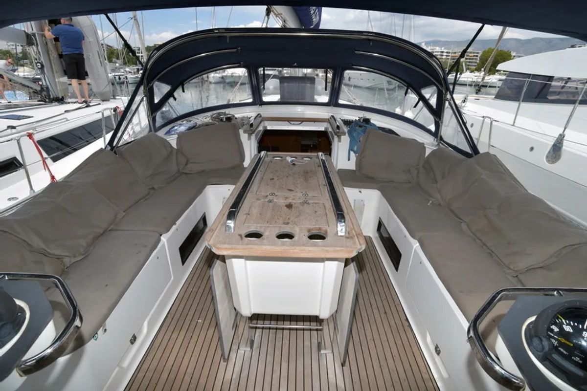 Cockpit of Agamemnon, a Bavaria Cruiser 56 sailboat at Kavala, Greece