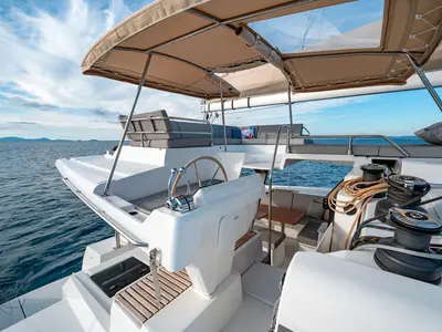 Cockpit of Smeralda - A/C, Generator, Water maker , a Fountaine Pajot Tanna 47 catamaran at Castellammare di Stabia, Italy