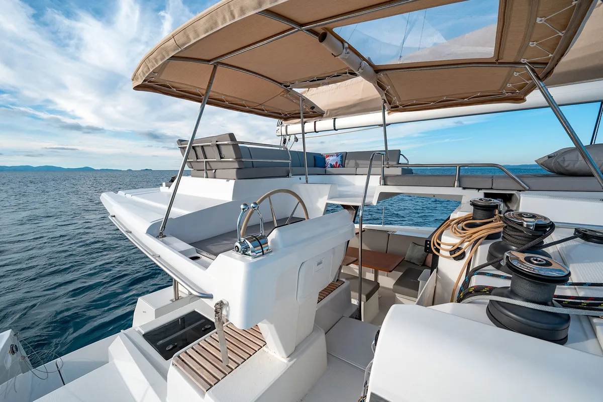 Cockpit of Smeralda - A/C, Generator, Water maker , a Fountaine Pajot Tanna 47 catamaran at Castellammare di Stabia, Italy