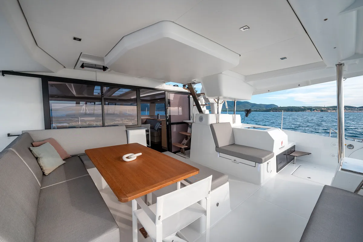Deck of Smeralda - A/C, Generator, Water maker , a Fountaine Pajot Tanna 47 catamaran at Castellammare di Stabia, Italy