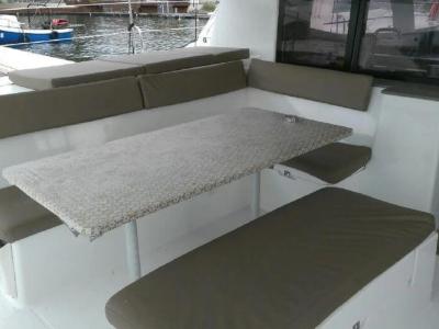 Deck of Fleur de sel, a Fountaine Pajot Helia 44 catamaran at Cogolin, France