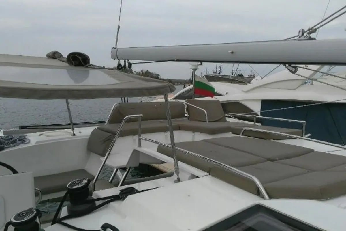 Deck of Fleur de sel, a Fountaine Pajot Helia 44 catamaran at Cogolin, France