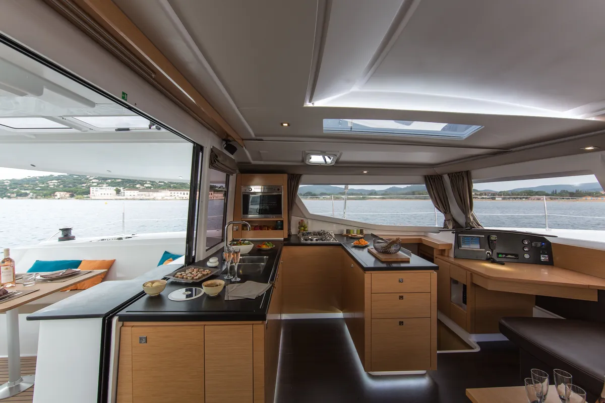 Galley of Fleur de sel, a Fountaine Pajot Helia 44 catamaran at Cogolin, France
