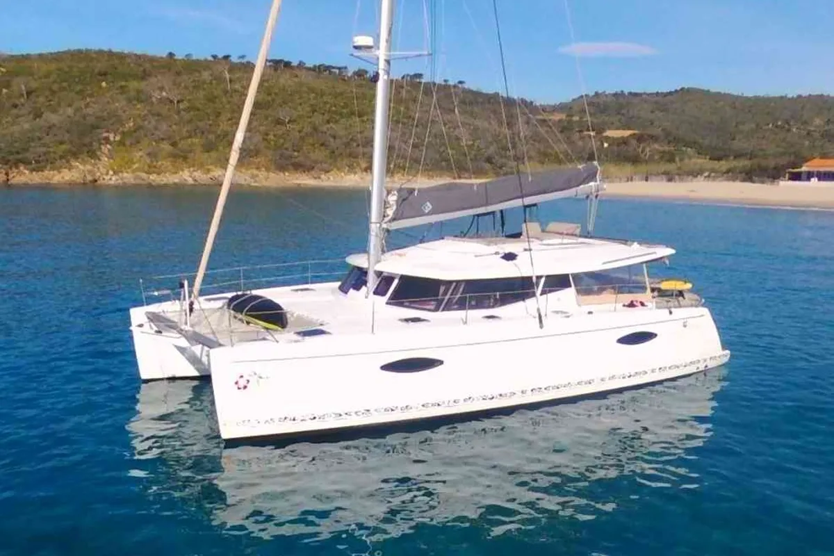 Exterior view of Fleur de sel, a Fountaine Pajot Helia 44 catamaran at Cogolin, France