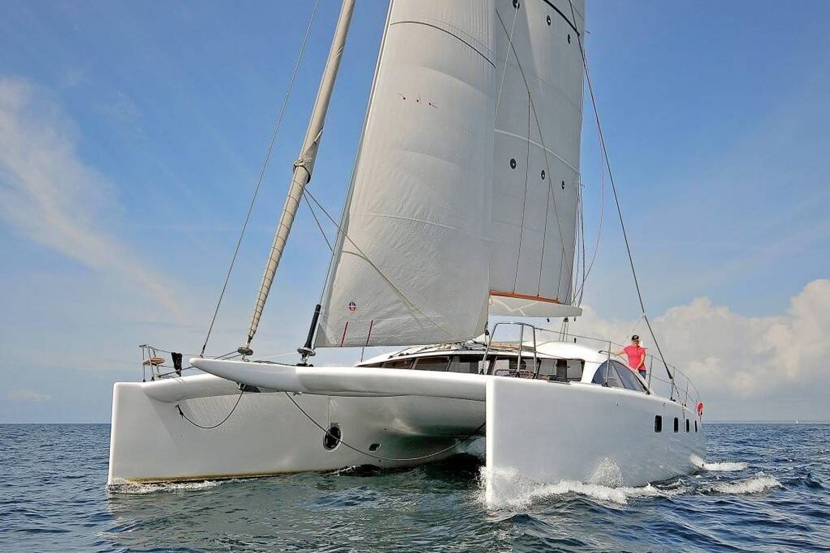 Exterior view of Aonyx, a Gulet x-reuse catamaran at Ribishi, Saint Vincent and the Grenadines