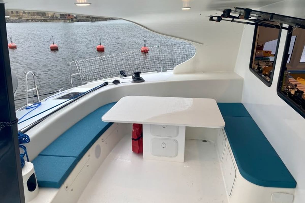 Deck of Aonyx, a Gulet x-reuse catamaran at Ribishi, Saint Vincent and the Grenadines